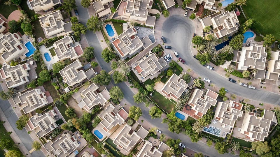 Aerial view of a hillside residential development